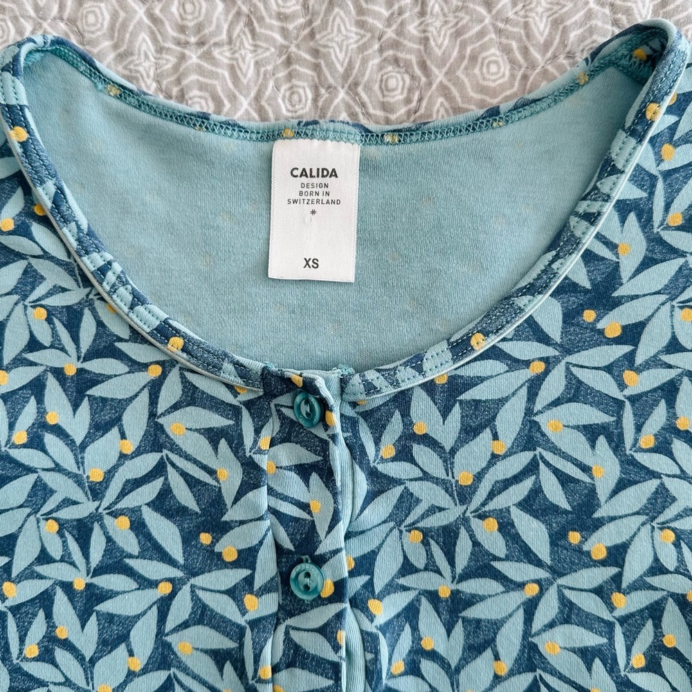 Calida Switzerland Cotton Nightgown Long Sleeve Nightdress Blue Leaf Print XS - Picture 3 of 8